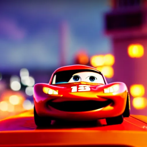 Prompt: vin diesel riding on top on a roof of lightning mcqueen, cinematic, bokeh, blur, action