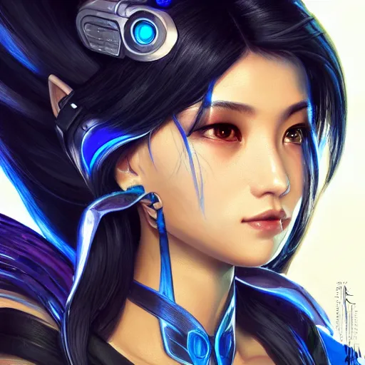 Prompt: closeup portrait of a young asian Cyberpunk woman with dark blue hair, fantasy, intricate, elegant, highly detailed, digital painting, artstation, concept art, matte, sharp focus, illustration, hearthstone, art by Artgerm and Gred Rutkowski and Alphonse Mucha