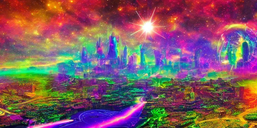 Image similar to proxima b psychedelic alien cityscape, light paint, macro, photorealistic, hyperrealistic, futuristic, in style of Lisa Frank, steampunk, cosmic, translucent, holographic, 32K, deep dream, rainbows, bright colors, high resolution, 4D, megapixel, UHD, HDR