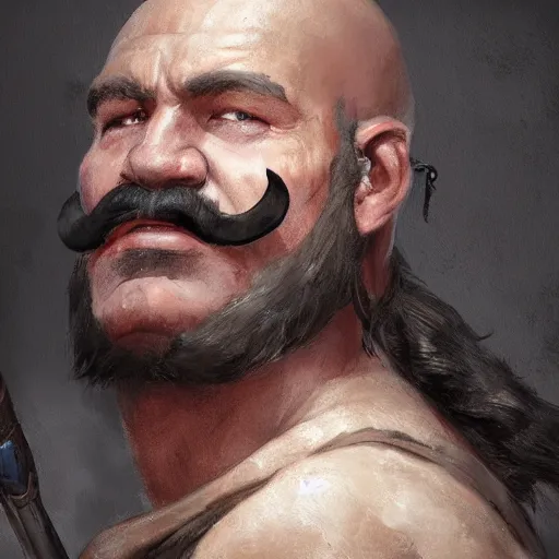 Image similar to portrait old barbarian warrior with trucker mustache and short hair, 8 k, trending on art station, by tooth wu and greg rutkowski