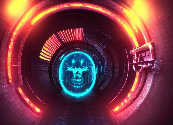 Image similar to a futuristic skull with glowing eyes and a wormhole tunnel, cyberpunk art by ross tran, behance contest winner, computer art, darksynth, synthwave, rendered in cinema 4 d