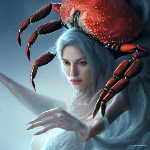 Image similar to half-crab sorceress, volcano, ultra realistic, concept art, intricate details, eerie, highly detailed, photorealistic, octane render, 8k, unreal engine. art by Artgerm and Greg Rutkowski