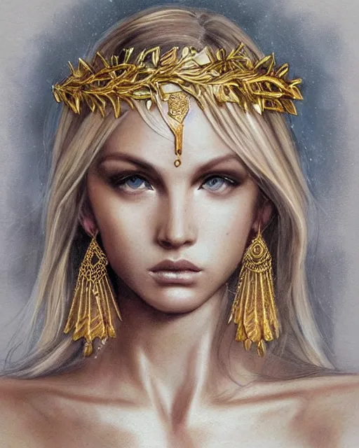 Image similar to tattoo design sketch of cute beautiful blonde super model as aphrodite greek goddess wearing a gold laurel wreath and triangle earrings, beautiful piercing gaze with sharp pupils, in the style of greg rutkowski, fantasy, amazing detail, epic, elegant, smooth, sharp focus, front view