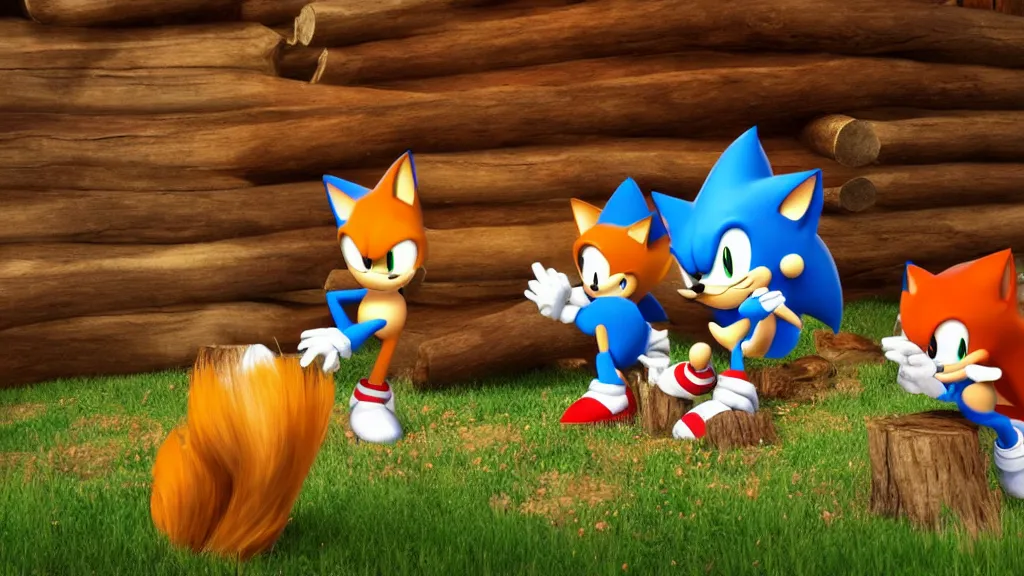 Image similar to A wholesome lively desktop background involving Sonic and Tails sitting in a log cabin sitting on a rug by the fireplace, talking and laughing, 4k, 8k, unrealengine, beautiful, amazing.