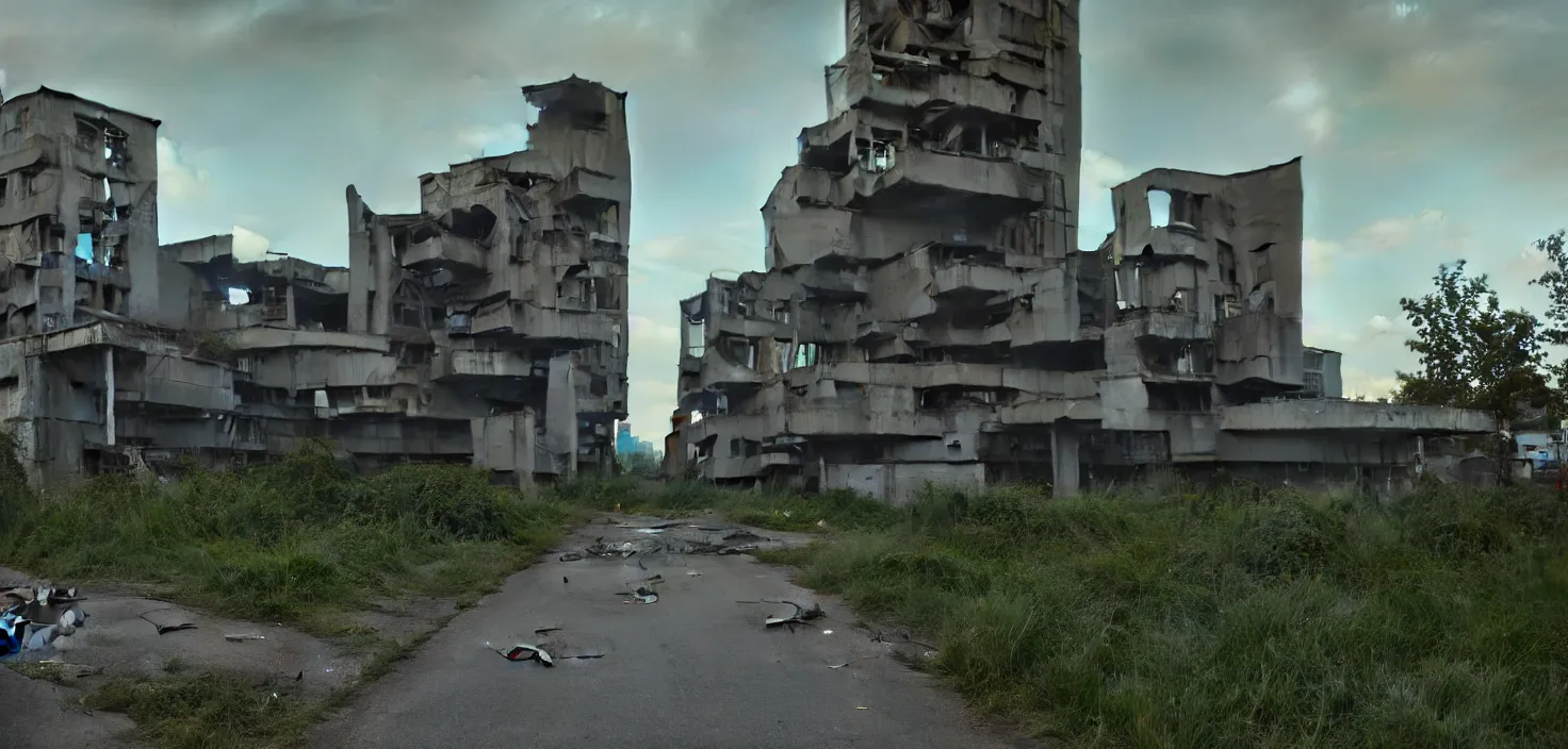 Prompt: a street view of brutalist architecture by Le Corbusier, abandoned derelict buildings, damaged structures, empty streetscapes, surrounded by lush green vegetation, volumetric lighting, sunset, rusted steel, solid concrete, glass, stunning skies, scattered rubbish and debris, 8k, photorealistic, hyper detailed, unreal engine 5, IMAX quality, cinematic, epic lighting, digital painting from DOOM and Quake, in the style of Greg Rutkowski, trending on Artstation