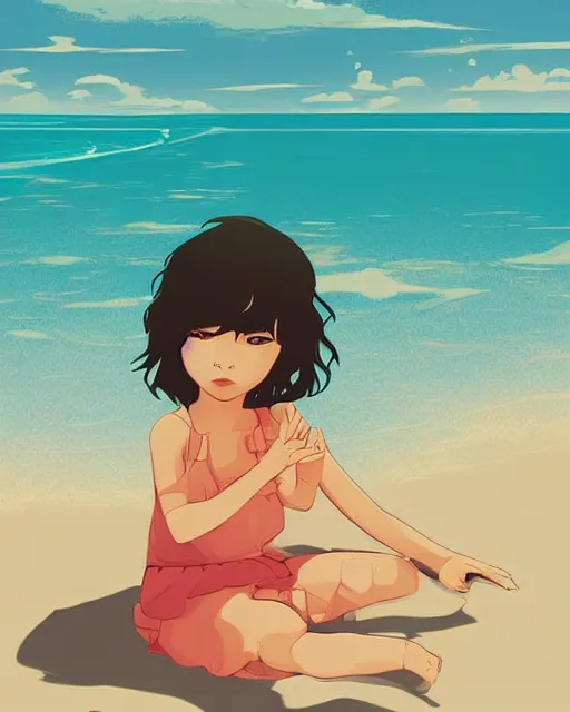 Image similar to a little girl sit beach. clean cel shaded vector art. illustration art by lois van baarle and helen huang and artgerm and makoto shinkai