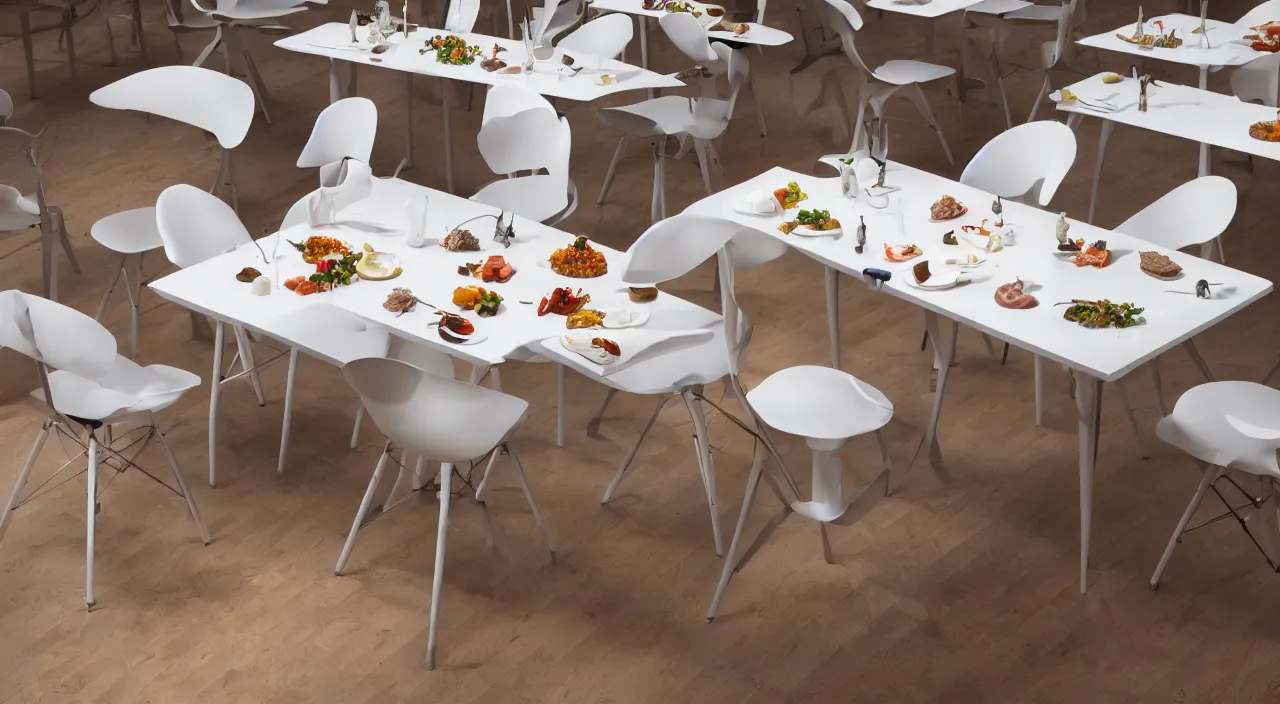 Image similar to three large white glossy kuka industrial robot arms on the floor around a dinner table, the kuka industrial robot arms are wearing bow ties, the table is full of food, they are having dinner inside a fine dining restaurant with mid century modern furniture and decor, global illumination, artstation, fantasy