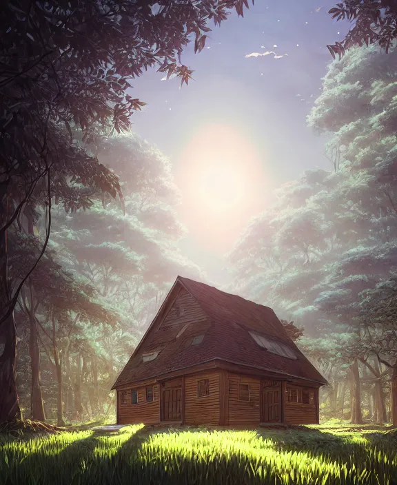 Prompt: a large, simple, schoolhouse made from exotic leaves, overgrown with huge exotic fungus, deep in the woods, sun drenched, partly cloudy, by dan mumford, yusuke murata, makoto shinkai, ross tran, cinematic, unreal engine, cel shaded, featured on artstation, pixiv