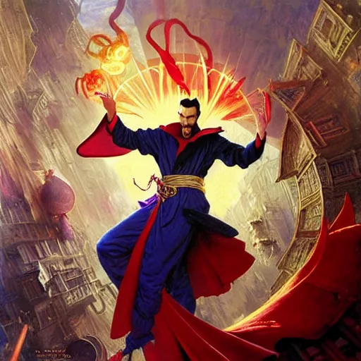 Image similar to the third first image on the scattered absurdity server, dr strange and dr seuss, very pretty, photorealistic, portal hopping and time warping with reckless abandon, highly detailed painting by gaston bussiere, craig mullins, j. c. leyendecker