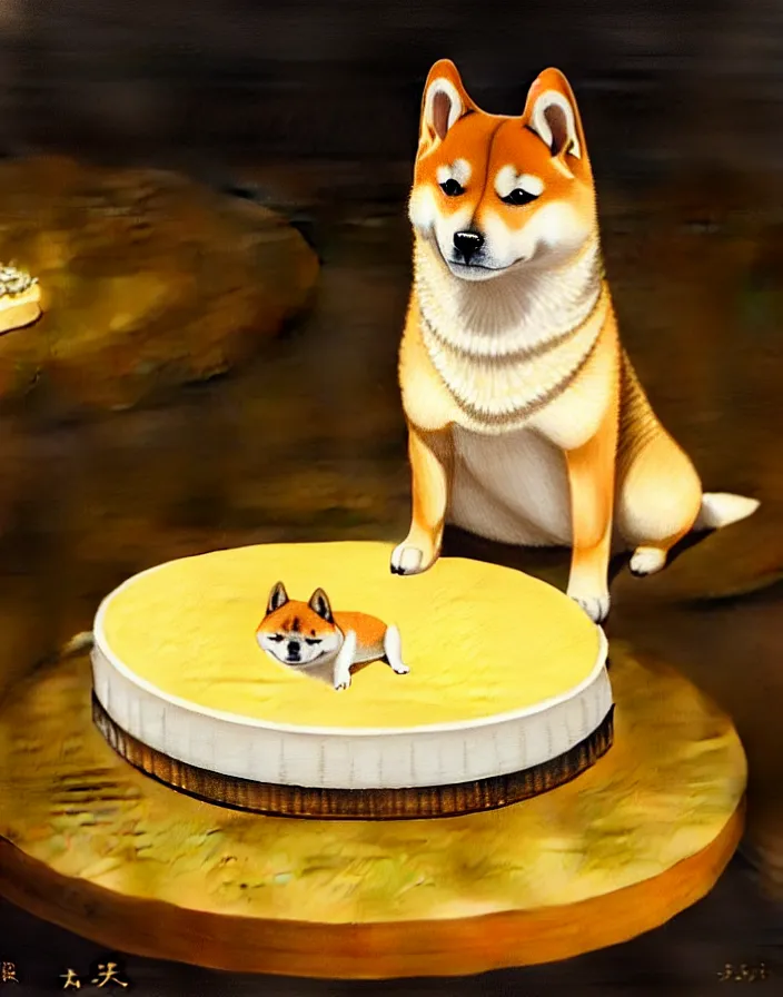 Image similar to a royal portrait of a shiba inu as a japanese cheesecake, oil on canvas, highly detailed, cinematic lighting, pretty