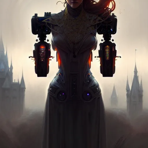 Image similar to A epic fantasy portrait of a robot, castle setting, horror movie lightning, intricate, elegant, highly detailed, digital painting, artstation, concept art, matte, sharp focus, illustration, art by Artgerm and Greg Rutkowski and Alphonse Mucha