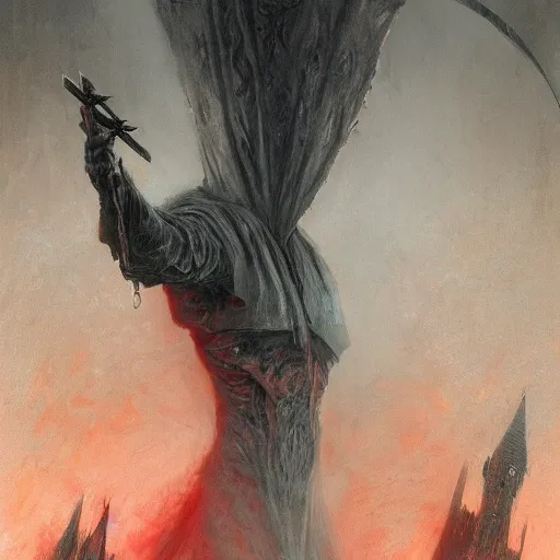 Prompt: The faceless god of chaos in a hood with a scarlet scythe dark fantasy, intricate, smooth, artstation, painted by Wayne Barlowe, Greg Rutkowski, zdislav beksinski