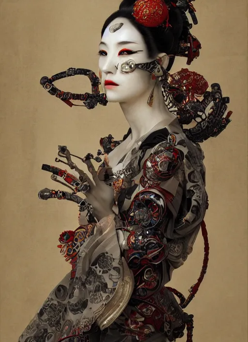 Image similar to portrait of a sensual cyberpunk geisha cyborg with headpiece, imari, modern fine art, fractal, in the style of ghosts in the shell, intricate ornaments, elegant, highly detailed, digital photography, subsurface scattering, by jheronimus bosch and greg rutkowski,