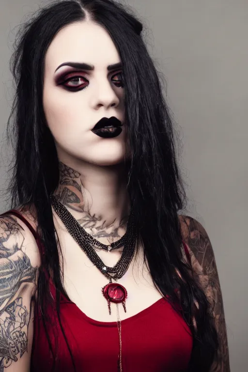 Prompt: Medium close-up portrait photo of a beautiful Goth girl wearing a dark red dress, long dark hair, dark colors, tattoos, a large Ankh necklace, soft lighting, rich cinematic atmosphere, poster, 8k