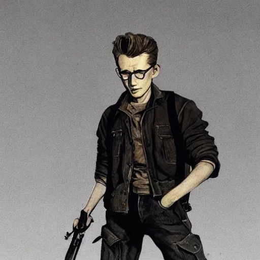 Image similar to a highly detailed epic cinematic concept art CG render digital painting artwork costume design: young James Dean as a well-kept neat anarchist rebel in 1950s USSR mechanic outfit and big boots. By Greg Rutkowski, Ilya Kuvshinov, WLOP, Stanley Artgerm Lau, Ruan Jia and Fenghua Zhong, trending on ArtStation, subtle muted cinematic colors, made in Maya, Blender and Photoshop, octane render, excellent composition, cinematic atmosphere, dynamic dramatic cinematic lighting, aesthetic, very inspirational, arthouse