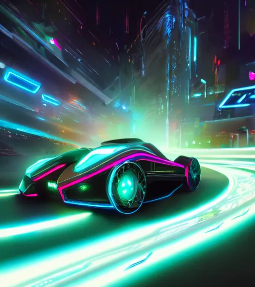 Image similar to psychedelic tron legacy lightcycle race, hyper realistic, ambient lighting, concept art, intricate, hyper detailed, smooth, dynamic volumetric lighting, octane, raytrace, cinematic, high quality, high resolution, 4 k, cgsociety, rutkowski, gurney