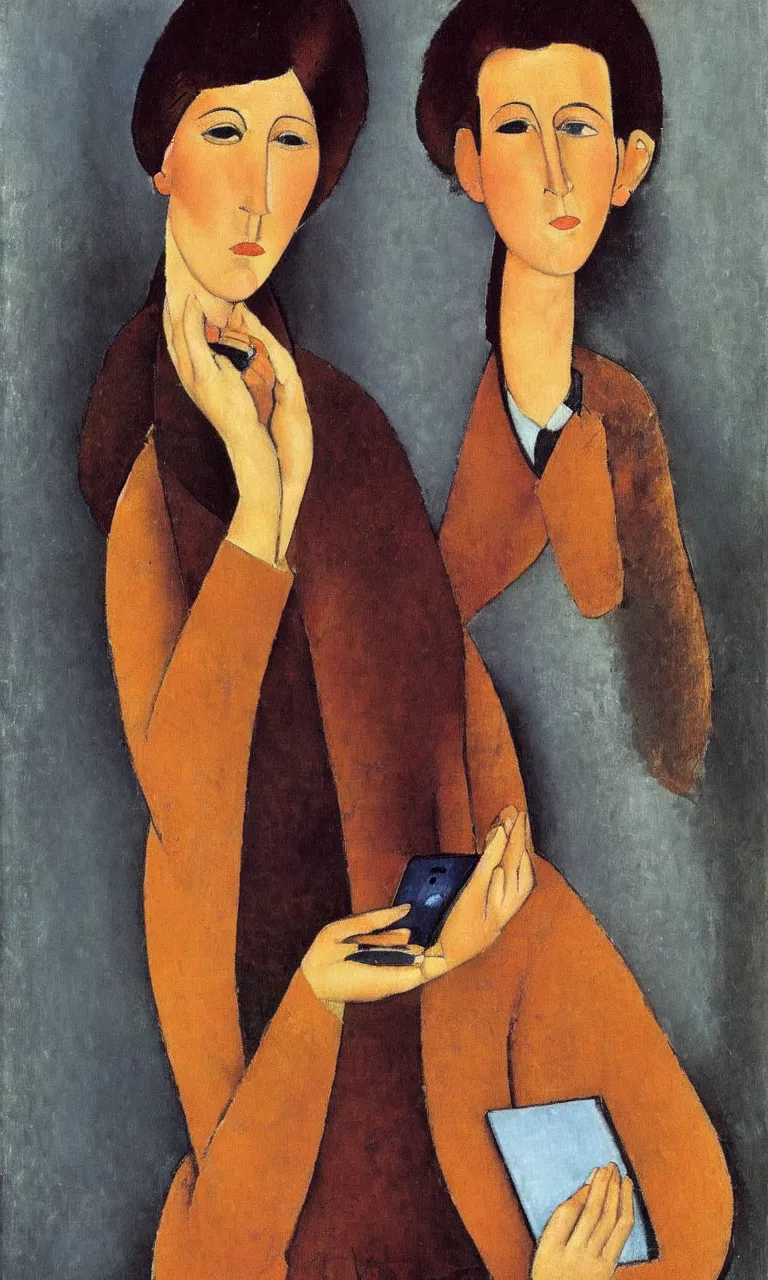 Image similar to amedeo modigliani. close up portrait of a woman with brown hair and a blue rollneck sweather holding an iphone in her hand. very soft brush.