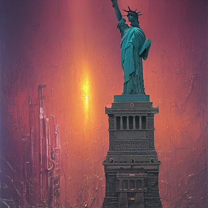 Prompt: statue of liberty in long large chains in underground city, red and purple palette, volume light, fog, by ( h. r. giger ) and paul lehr