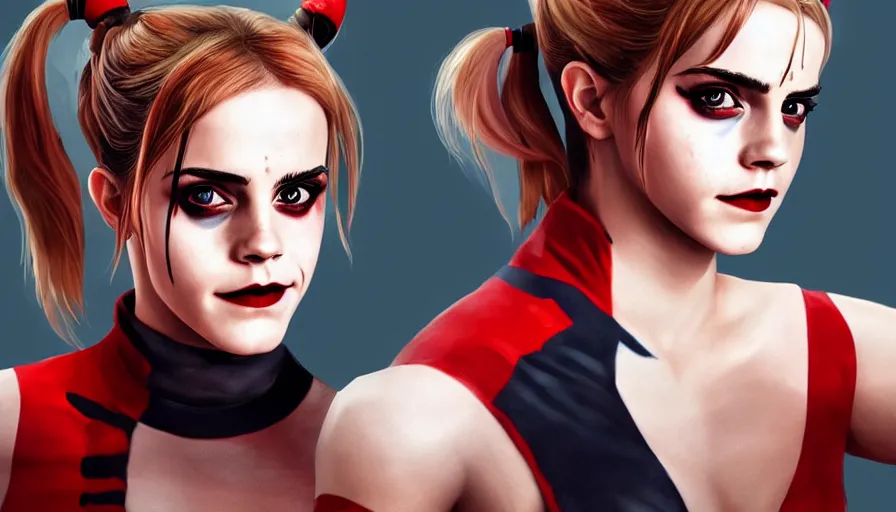 Prompt: Emma Watson as Harley Quinn, hyperdetailed, artstation, cgsociety, 8k