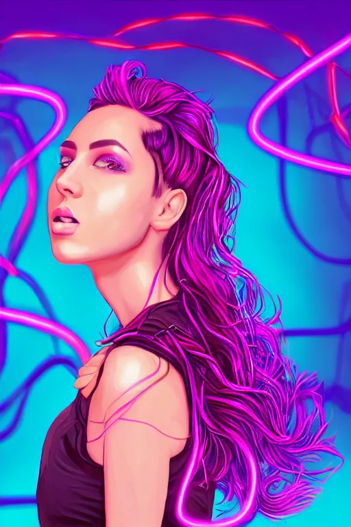 Image similar to a award winning half body portrait of a beautiful woman in a croptop and cargo pants with ombre purple pink teal hairstyle and hands in pockets by ari liloan, surrounded by whirling illuminated lines, outrun, vaporware, shaded flat illustration, digital art, trending on artstation, highly detailed, fine detail, intricate