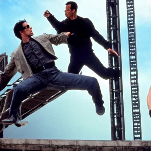 Image similar to keanu reeves fighting bruce willis and jean claude van damme on top of a bridge