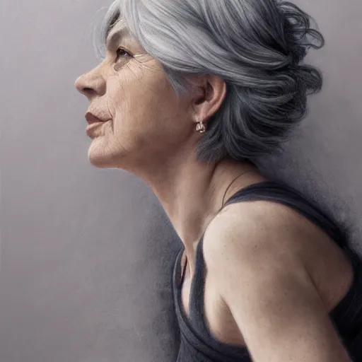 Image similar to portrait of a middle aged artsy woman, grey hair, tattoo, avangarde, unique, artistic soul, nature, plants, wool, upper body, long hair, intricate, elegant, highly detailed, digital painting, artstation, concept art, matte, sharp focus, illustration, art by artgerm and greg rutkowski and alphonse mucha