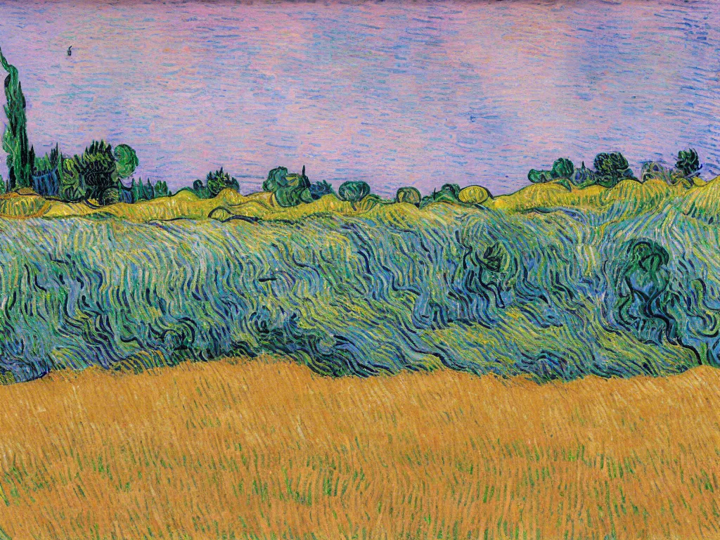 Prompt: wheat field with cypresses by van gogh, pink and teal, inspired by tim burton