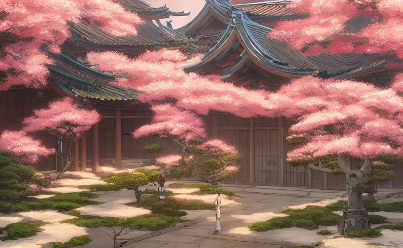 Image similar to A colorful digital painting of a courtyard of a fantasy Japanese temple, kitsune, bamboo, cherry blossoms, by Makoto Shinkai and Kan Liu, trending on artstation