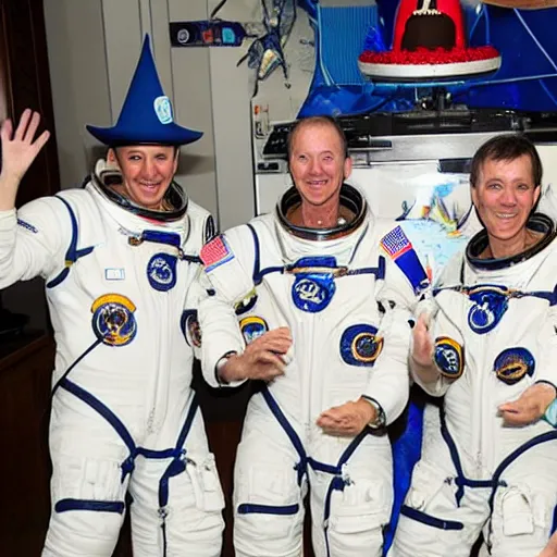 Image similar to a group of 4 astronauts dabbing around a birthday cake, they are wearing birthday hats