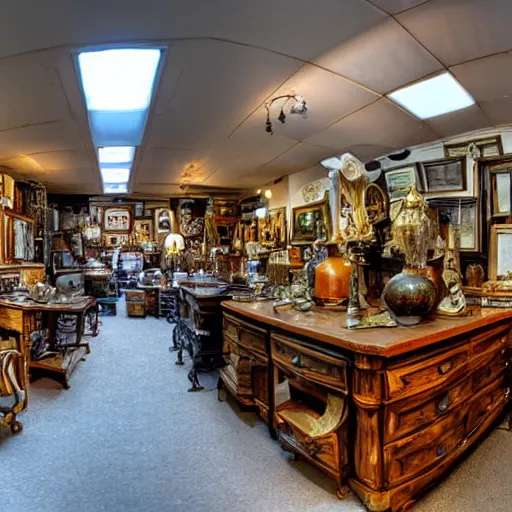 Image similar to a wide angle photo of an antique shop