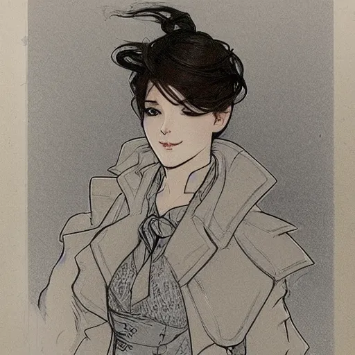 Prompt: A detailed frontal portrait sketch of a trench coat without anyone wearing it, elegant, delicate, soft lines, higly detailed, smooth , pixiv art, ArtStation, artgem, art by alphonse mucha charles reid mary cassatt and shirow masamune, high quality