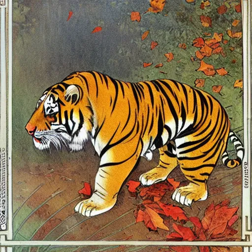 Prompt: a highly detailed cartoon tiger is flapping a leaf fan, sweating, autumn leaves on the ground, concise lines, ultradetailed environment, sharp focus, cinematic lighting, by alphonse maria mucha and kim jung gi