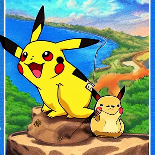 Prompt: pokemon card of : pikachu smoking a fat blunt with ash sitting on a rock next to a river, bright blue sky colorful detailed drawing