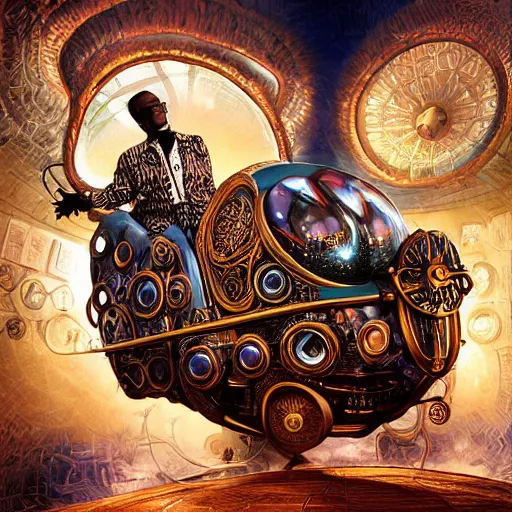 Prompt: an african scientist with an enormous!!!! head in a very decadent and ornate steampunk wheelchair, in a steampunk alchemy lab, by android jones and greg rutkowski and fernando botero in a surreal portrait style, wide angle dynamic portrait, rim lighting, neon blacklight color scheme, rendered in unreal engine 5