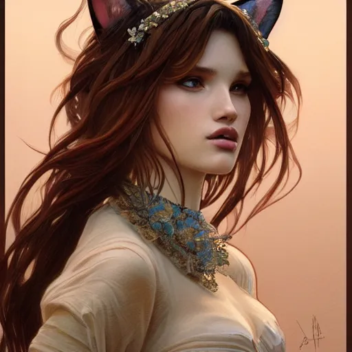 Image similar to ultra realistic illustration, bella thorne as a cat, intricate, elegant, highly detailed, digital painting, artstation, concept art, smooth, sharp focus, illustration, art by artgerm and greg rutkowski and alphonse mucha