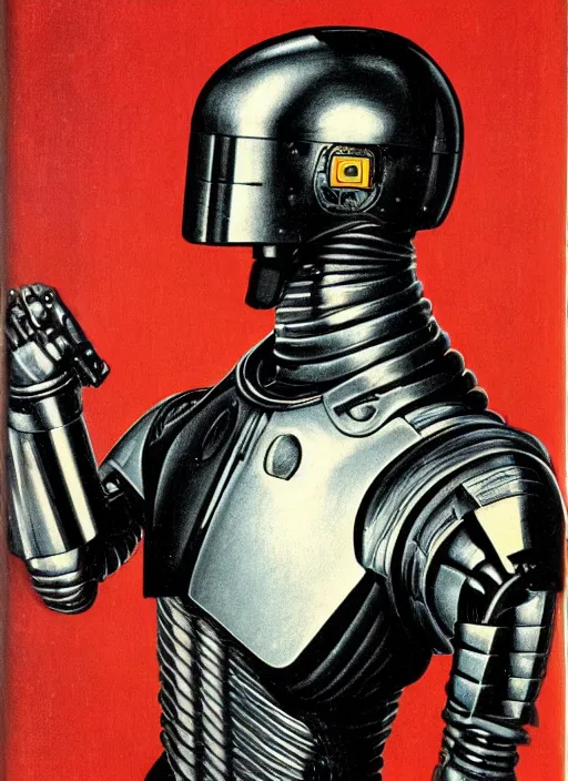 Image similar to a portrait of Robocop by Jan van Eyck