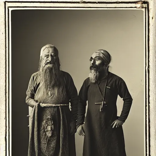 Prompt: two men stand beside one another, an alchemist and a shaman, ancient esoteric era, studio photography