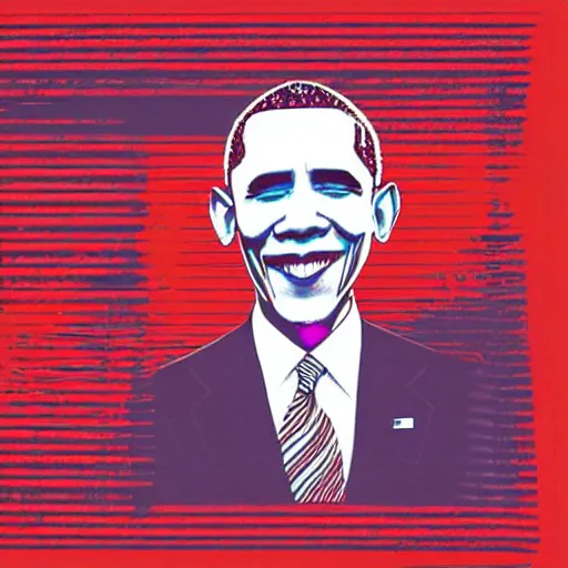 Image similar to obama in a suit and tie with a creepy face, a screenprint by warhol, reddit contest winner, antipodeans, hellish, anaglyph filter, hellish background