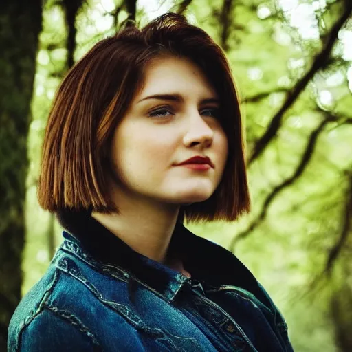 Image similar to an hd photo of a young woman with short brown hair and green eyes, trees in the background, night sky with stars and galaxies, trending on artstation, candid, profile photo