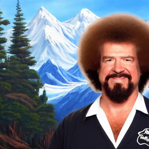 Prompt: a closeup photorealistic photograph of bob ross as kenny powers. mountains and trees. film still. brightly lit scene. this 4 k hd image is trending on artstation, featured on behance, well - rendered, extra crisp, features intricate detail, epic composition and the style of unreal engine.