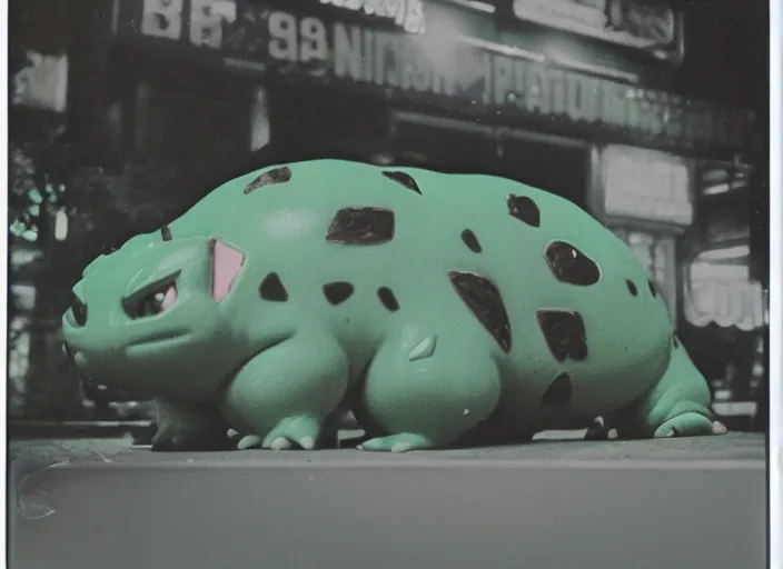 Prompt: 1 9 9 5, disposable polaroid camera, flash at night, pov, saigon street square, bulbasaur : creature, meaty, ooze, wet, standing huge on the road