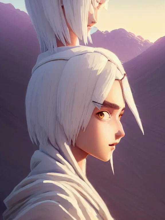 Prompt: close up picture of a cute white hair robe girl and big knight colosuss, crossing the desert, beautiful and aesthetic, detailed face, intricate, highly detailed, smooth, sharp focus, trending on artstation, art by mika pikazo and yomu and ilya kuvshinov and rembrandt and greg rutkowski, fantasy illustration