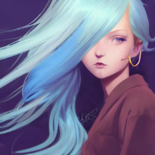 Prompt: ilya kuvshinov with long sky blue hair, gold eyes, boyish face, professional digital painting, concept art, ultra sharp, 8 k, cinematic, wlop, bubbles, tendrils in the background, art by greg rutkowski, pixiv art, art nouveau, yoshitaka amano