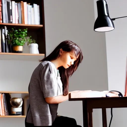 Prompt: lofi girl sitting at a desk studying