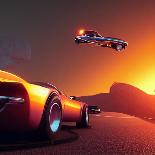 Prompt: a car is flying in front of a bright orange sun, a raytraced image by Mārtiņš Krūmiņš, featured on cg society, space art, outrun, #screenshotsaturday, octane render