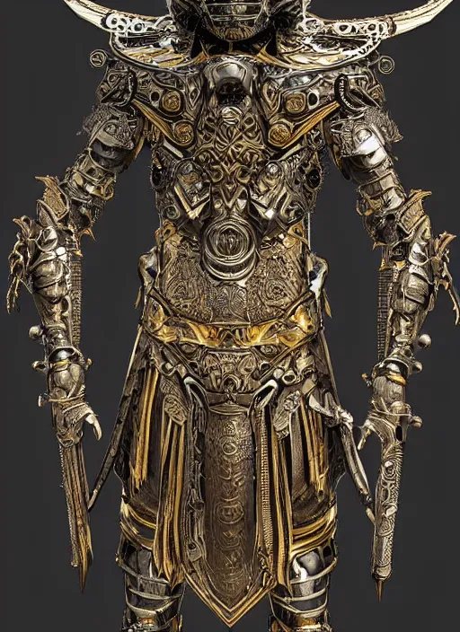 Image similar to hyper realistic glorious ancient celtic god in a obsidian metal armor, futuristic design, designed by makoto kobayashi and luca zampriolo, portrait, cyberpunk style, wood and gold details, intricate, extremely detailed, ornate, deep of field, hard surface, exoskeleton, substance designer metal unreal engine. amazing likeness. very detailed.