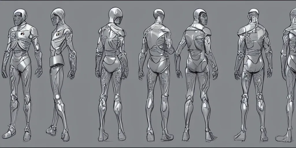 Image similar to male, space suit, character sheet, concept art, stylized, large shoulders, short torso, long thin legs, exaggerated proportions, concept design, by jean giraud