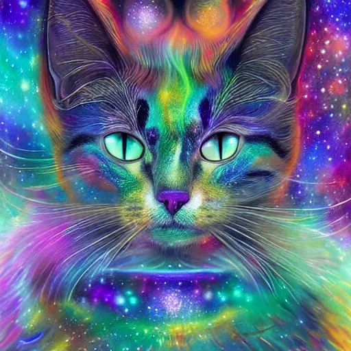 Image similar to a galaxy colored psychedelic chakra awakening kundalini ethereal portrait of a cat with her eyes closending to a higher plane of existence, eternal blessing, multiverse, by android jones, by ben ridgeway, visionary art, by artgerm, featured on artstation, cgsociety, by greg rutkowski