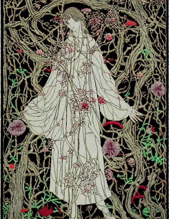 Prompt: priestess of the lichen woods. embroidered tapestry by the award - winning mangaka, bloom, chiaroscuro, backlighting, depth of field.