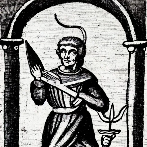 Image similar to a 1 8 th century illustration of a medieval peasant holding a large blue trident above his head.